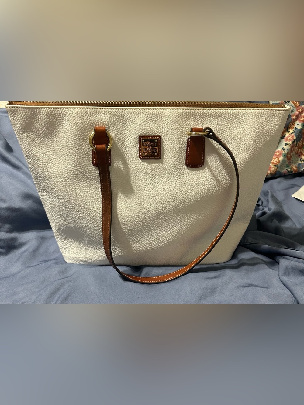 Dooney & Bourke Large White Pebble Leather Tote with Brown Trim